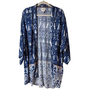 Knox Rose Surfs Up Kimono SZ XL/XXL Open 3/4 Sleeve Rayon Blue White Tribal